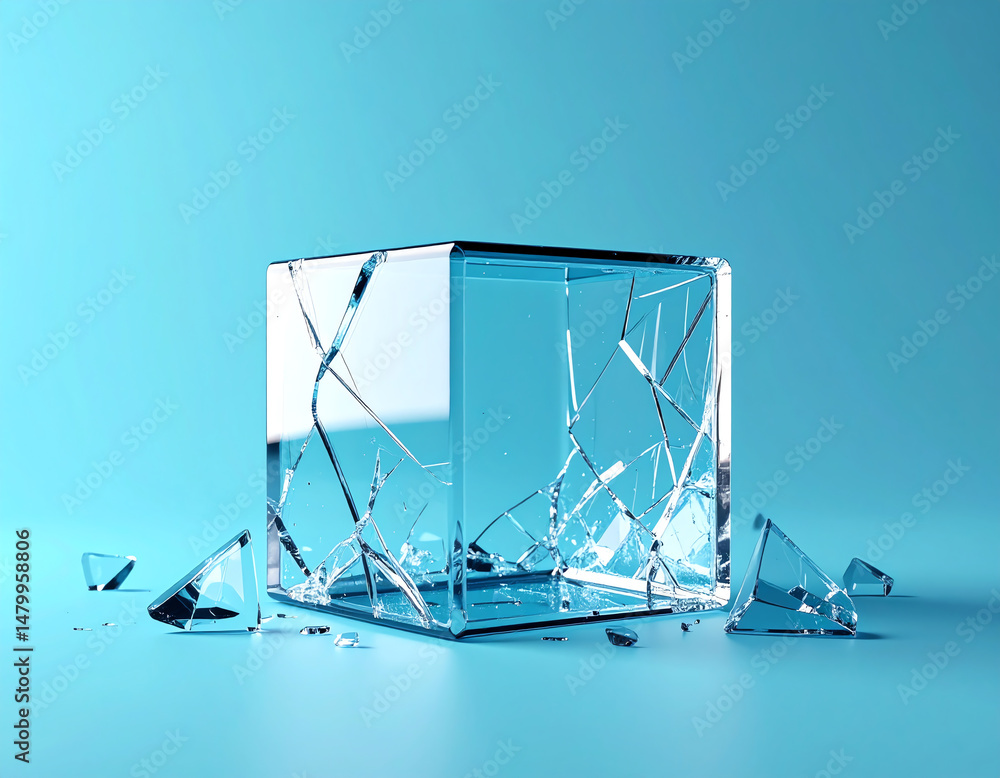 Poster a shattered ice cube sits on a smooth blue surface, with broken pieces scattered around, creating a 