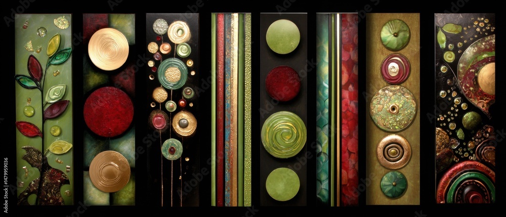 Poster abstract art panels displaying circles lines and leaves in green red and gold colors close up view