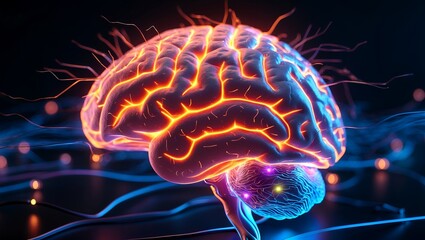 Glowing 3d human brain illustrating neural activity