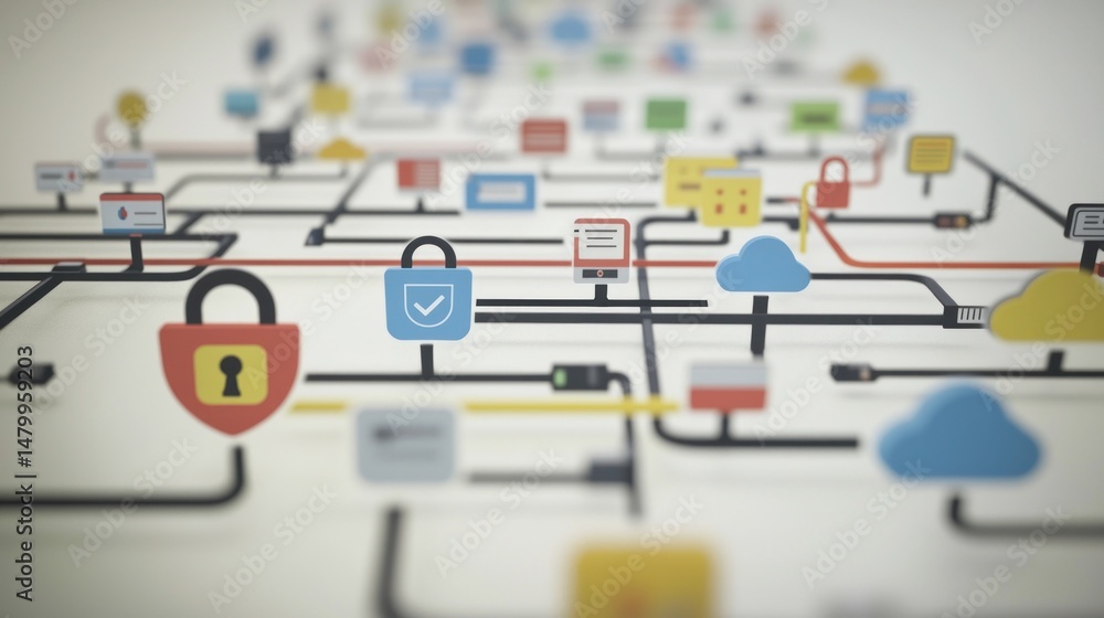 Poster complex network of interconnected data icons.