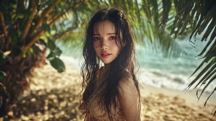 Serene Tropical Beach Portrait Young Woman with Wet Hair Partially Hidden by Palm Fronds