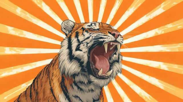 Roaring tiger illustration with open mouth on vibrant orange sunburst background in vintage poster style