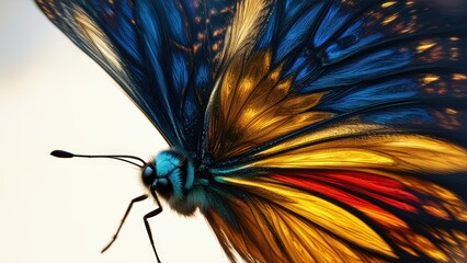 Colorful Butterfly: Macro Detail of Wings with Blue, Gold and Red Texture. Beauty in Nature.