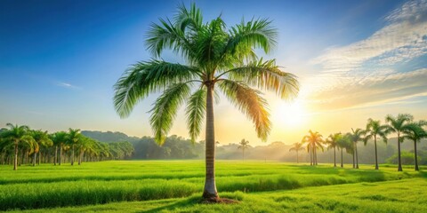 Obraz premium Tall bamboo palm tree standing alone in a lush green field with bright sunlight filtering through its leaves , tree