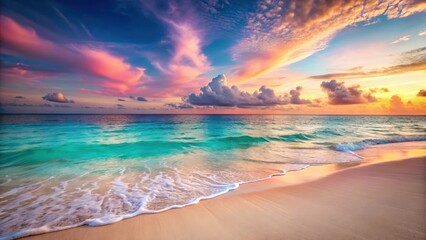 Serene ocean scene with turquoise water and pinkish sand beach at sunset, serene ocean, pink sand