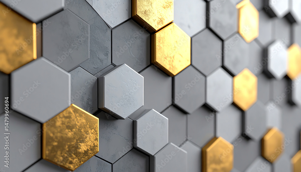 Poster a textured wall featuring a pattern of hexagonal tiles in shades of gray and gold, creating a modern