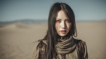 Fototapeta premium Resilient Woman in Desert Landscape: A Portrait of Strength and Determination