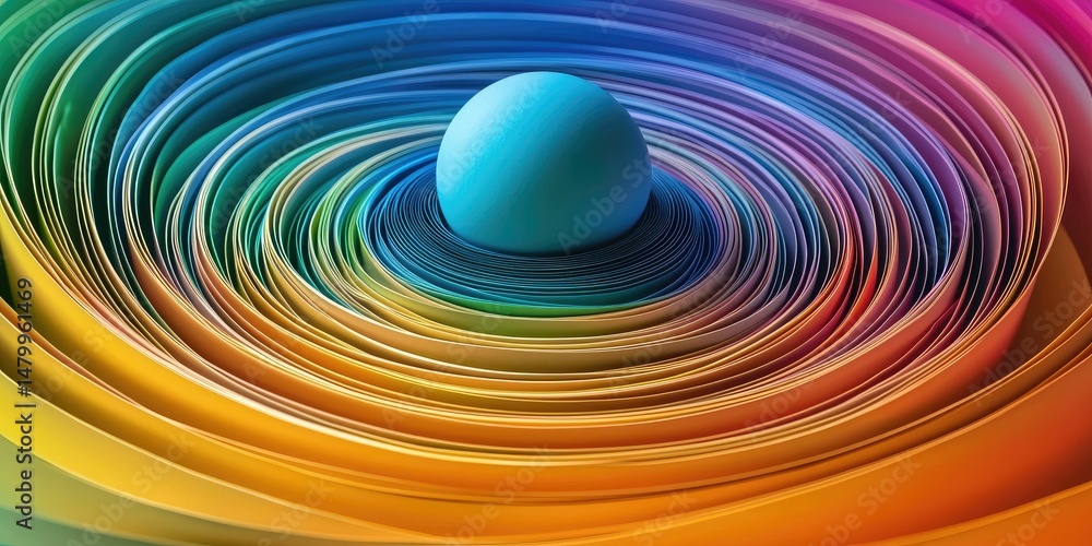 Sticker book with pages transforming into rainbow-colored orbits and imaginary planets
