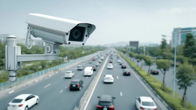 Surveillance camera monitoring traffic on a busy multilane urban highway with cars and green surroundings