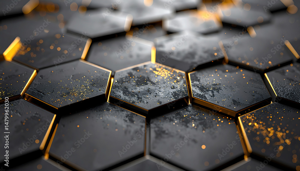 Poster a close-up view of textured hexagonal tiles with a mix of black and gold accents, showcasing a moder