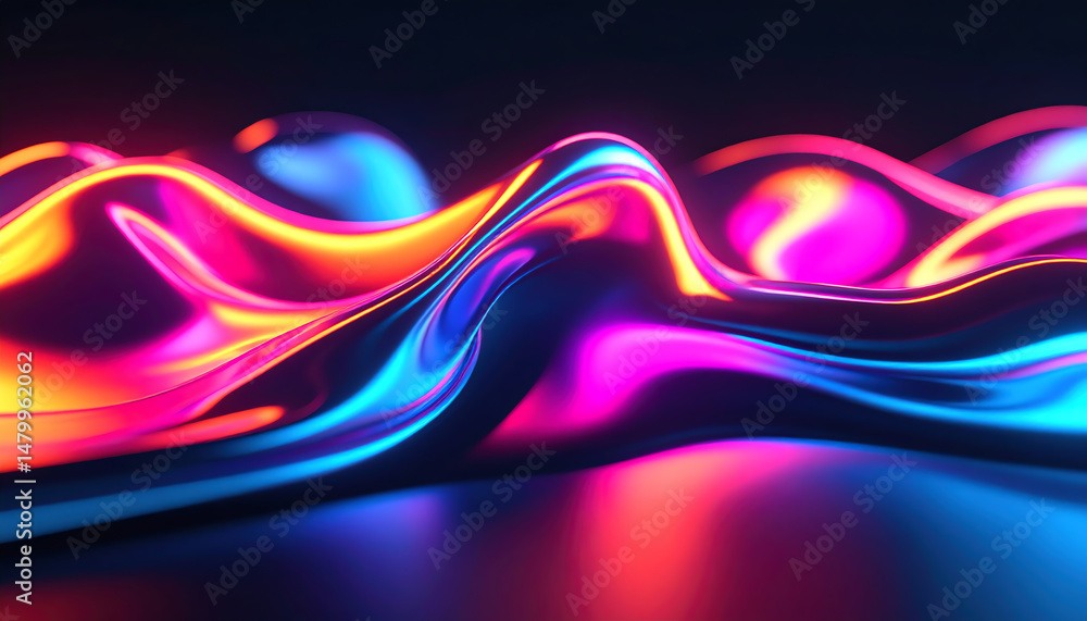 Poster colorful, flowing waves of light create a vibrant and dynamic visual effect against a dark backgroun