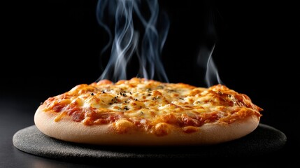 Steaming Pizza: A close-up, appetizing shot of a freshly baked pizza, complete with a golden crust, melted cheese, and a rich, savory tomato sauce, all presented against a dark background. 