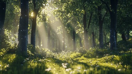 Obraz premium Lush green forest landscape with sunlight streaming through trees