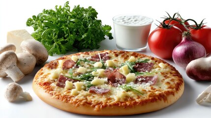 Delicious Pizza with Fresh Ingredients: A mouthwatering pizza, garnished with fresh mushrooms, tomatoes, red onions, and arugula, is presented alongside a side of creamy sauce.