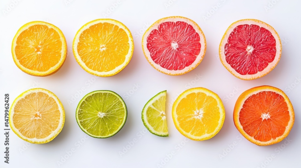 Poster refreshing loop of sliced citrus, beautifully presented in a circle, perfectly isolated on a pure wh
