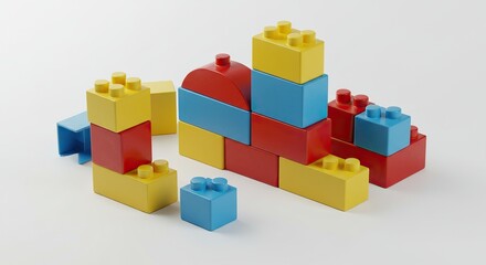 Fototapeta premium Colorful Plastic Building Blocks for Kids – Educational Toy Bricks on White Background