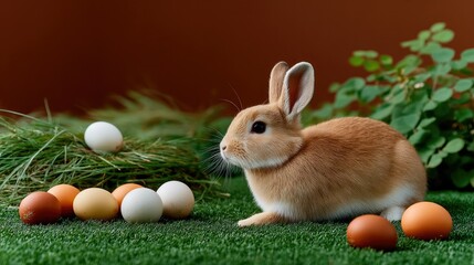 Easter Bunny and Eggs: A charming depiction of an Easter bunny, surrounded by a colorful array of eggs, nestled on a bed of vibrant green grass with leafy plants.