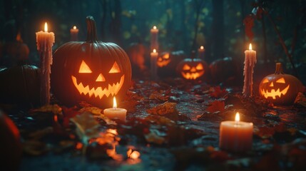 Fototapeta premium Carved pumpkins and candles illuminate a dark autumn forest path