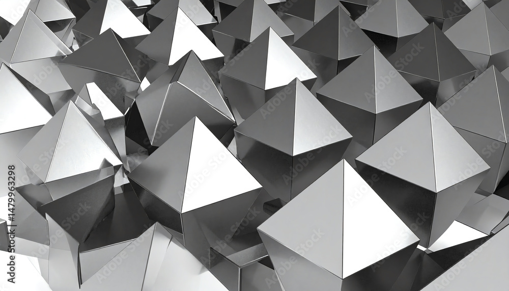 Poster a collection of shiny, metallic pyramid shapes clustered together, reflecting light and creating an 