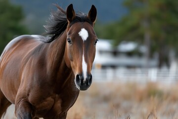 Obraz premium A beautiful horse stands gracefully in a sunny pasture, its flowing mane catching the light, symbolizing strength, beauty, and freedom in nature’s embrace.