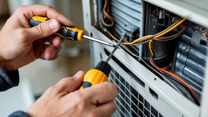 Hands skillfully repairing air conditioning unit at home