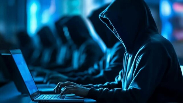 A mysterious group of hooded individuals working on laptops in a dark, illuminated environment, emphasizing cyber activities.