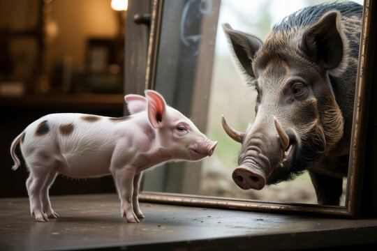 Piglet sees wild boar in mirror, farm to forest transition, wild spirit awakening, realistic animal portrait