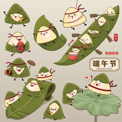 Vintage Chinese rice dumplings cartoon character. Dragon boat festival illustration. Chinese word means Dragon Boat festival, 5th day of may, liquor, rice dumpling, zongzi