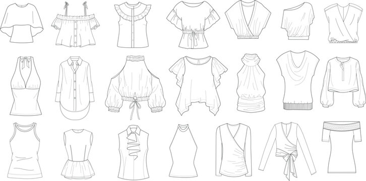 Different types of women's tops, technical fashion illustration. Flat apparel template front side. Women, CAD mockup