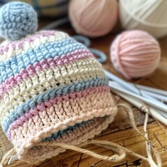 Fototapeta premium A soft pastel-colored crochet beanie in progress sits on a light wooden table, illuminated by natural bright lighting.