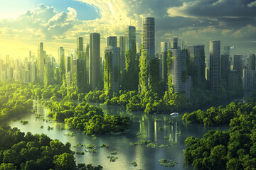 Naklejka premium Lush green nature reclaims futuristic city skyline overgrown buildings river water sunlit sky