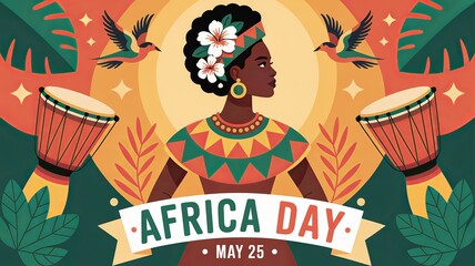 Africa Day celebration illustration with African woman, traditional attire, and nature elements