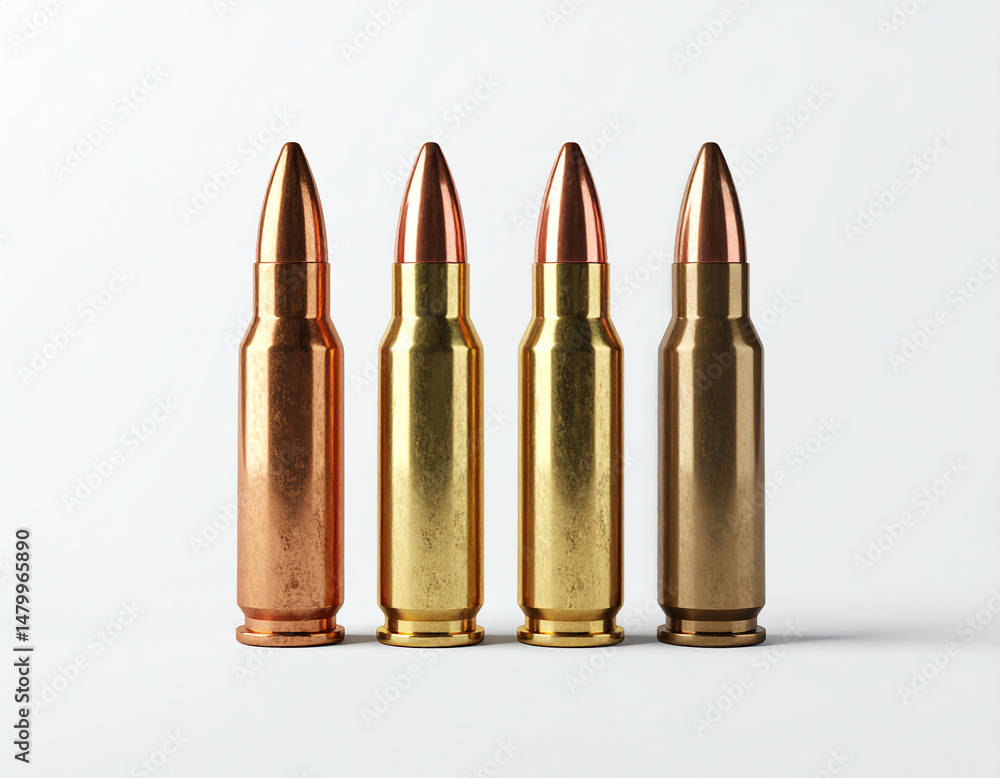 Poster four different types of bullets are displayed in a row, showcasing various metallic finishes and sha