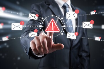 Businessman interacting with a notification of spam emails.
