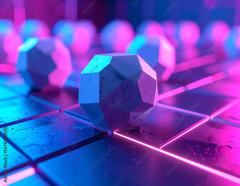 Poster a vibrant, futuristic scene featuring geometric shapes illuminated by neon lights on a reflective su