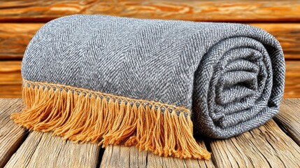 Gray Throw Blanket with Gold Fringe on Rustic Wood