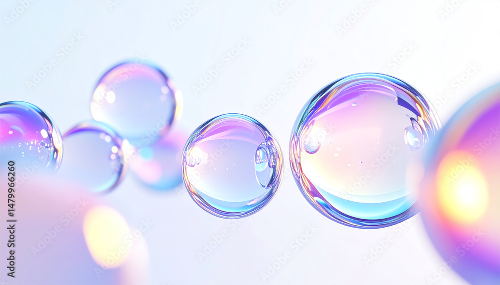 Poster translucent bubbles float gracefully, reflecting light and colors in a serene atmosphere, creating a
