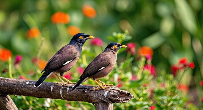 Common Myna Bird Couple Perched; Indian Myna Pair, Detailed Avian Art Portrait