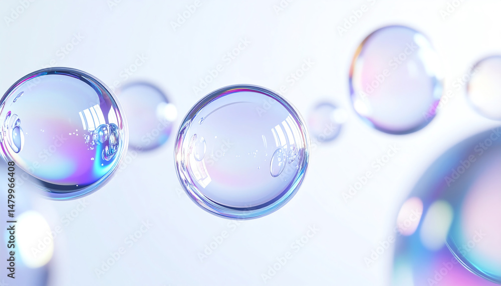 Poster translucent bubbles float gently, reflecting light and colors against a soft, blurred background, cr