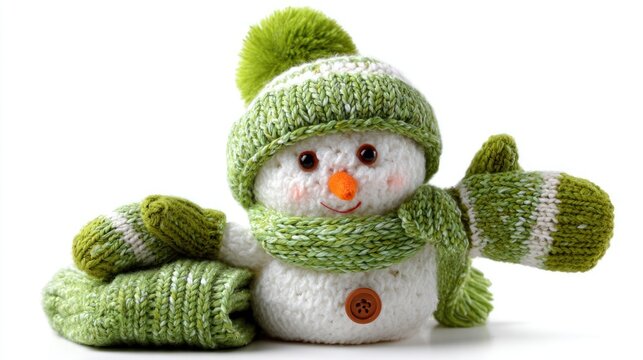 Adorable Knitted Snowman in Green Winter Outfit