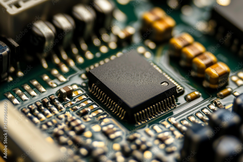 Poster closeup of a circuit board showing integrated circuit and other components