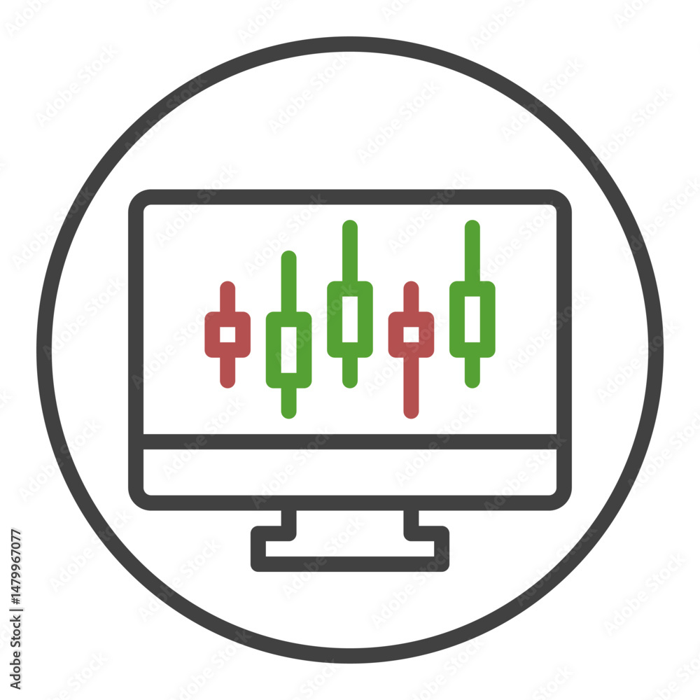 Poster candlestick chart on pc screen vector trading circle shaped icon or sign in thin line style