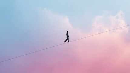 Person Balancing On Tightrope Against Ethereal Pink And Blue Sky