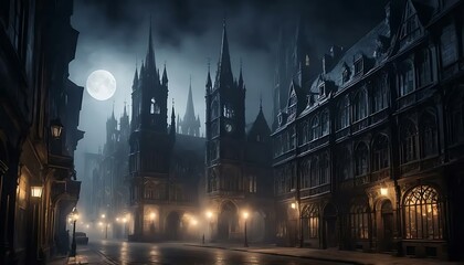 Fototapeta premium Eerie, dark gothic cityscape at night with a full moon illuminating the cobblestone streets below.