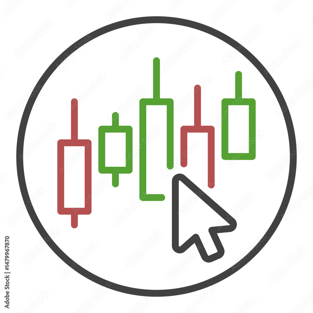 Poster candlestick chart with mouse cursor vector stock market trading round icon or symbol in outline styl