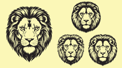 Vintage engraved lion head front view with flowing mane detailed fur and strong piercing eye expression