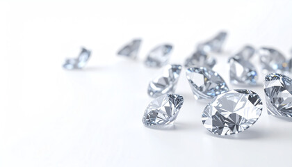 A scattering of brilliant diamonds glistens against a white background, showcasing their intricate cuts and sparkling facets