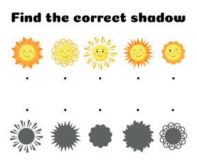 Find the correct shadows of the sun characters. Children's educational game for kindergarten and preschool children. Vector illustrations