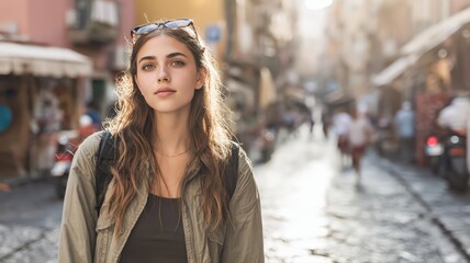 Fototapeta premium Confident Young Woman Exploring Cobblestone Streets of European City on a Sunny Day
