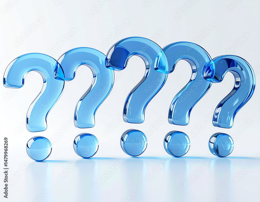Poster five transparent blue question marks are arranged in a row, symbolizing inquiry and curiosity agains